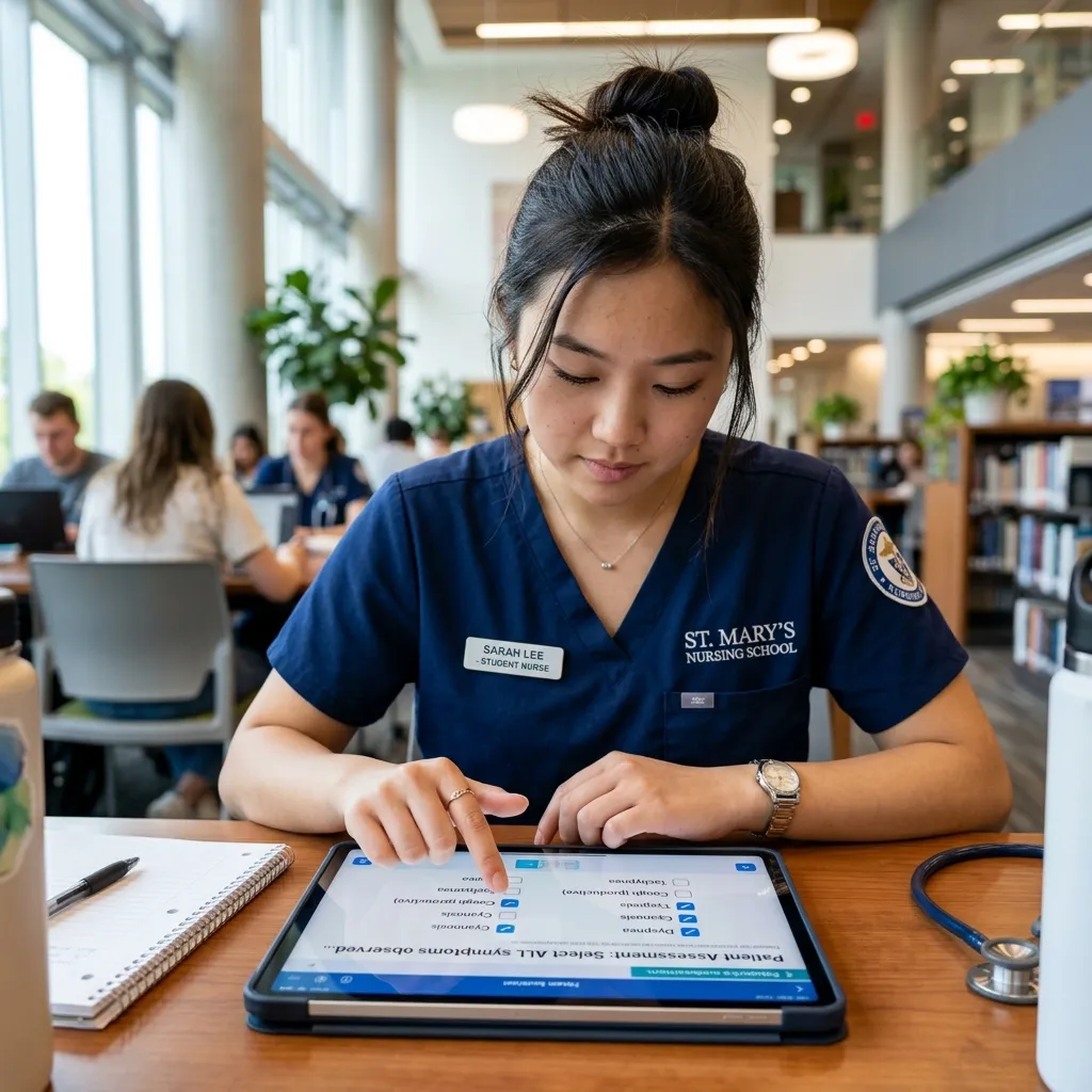 Student clicking checkboxes on a tablet exam